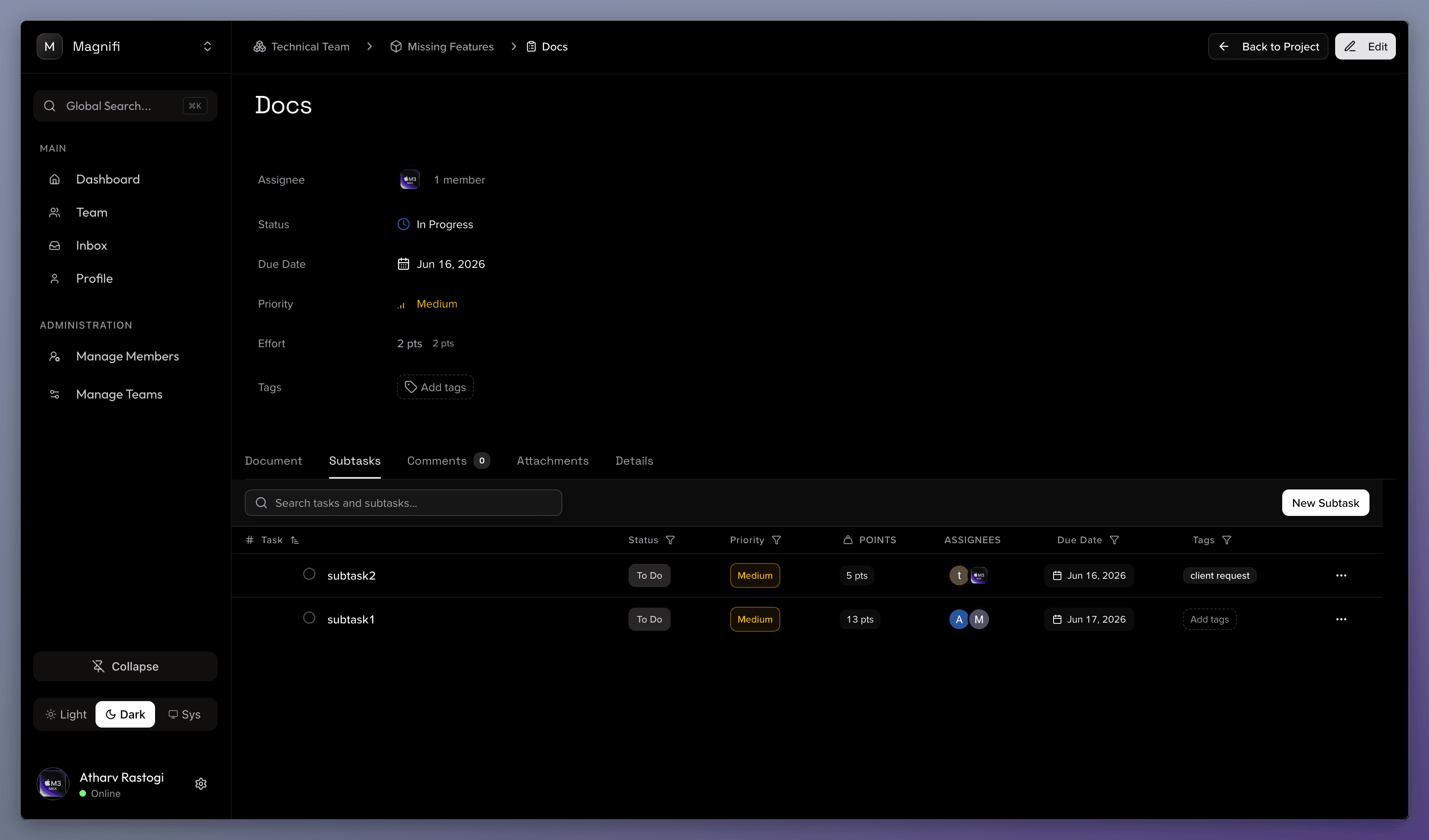 Subtasks Tab